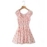 KYLETHOMASW  -  Sexy Pink Floral Print Elastic Slash Shoulder Dress Folded Elastic Waist Swing A-line Short Tank Robe Holiday Femme Vestidos