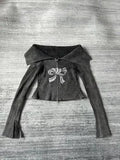 Kylethomasw Bow Print Off-shoulder Knitwear Gradient Cardigan Sweater Zipper Maillard Style Fairy Grunge Long Sleeve Top Y2k Clothes