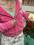 KYLETHOMASW  -  Y2K pink short-sleeved hooded pullover women's zipper sweatshirt double-button metal button cardigan streetwear punk high street