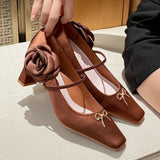 KYLETHOMASW  -  Elegant Satin Flower Chunky Heel Dress Pumps Women Metal Bow Square Toe Design Mary Jane Shoe Ladies Luxury Wedding Bridal Heels