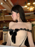 KYLETHOMASW  -  Mini Dress Woman Sexy Slash Neck Lace Patchwork Sleeveless Slim Backless Bow Elegant Party Dresses Ladies Fashion