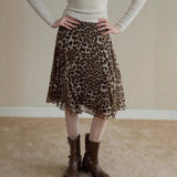 KYLETHOMASW  -  Summer New Retro Coffee Leopard Pattern Casual High Waist Flaw ruffled Half length Skirt for Women