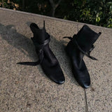 KYLETHOMASW  -  Genuine Leather Butterfly Knot Wrapped Strap Short Ankle Boots Women Polished Color Distressed Flat Bottomed Bare Shoes Female