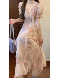 KYLETHOMASW  -  Chiffon Pink V-Neck Floral Dress Holiday Style Beautiful Unique Waist Temperament Beach Skirt Floral Dress Female
