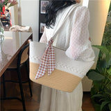 Kylethomasw Cross-border Large-capacity Cotton Knitted New Color-blocked Shoulder Bag Vacation Beach Bag Vacation Straw Shoulder Bag