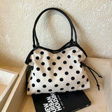 KYLETHOMASW  -  Vintage Black Polka Dot Canvas Tote Bag Leather Handle Drawstring Side Design Large Capacity Daily Shopping Shoulder Handbag