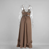 KYLETHOMASW  -  Summer New Suspender Deep V Strap Ruffle Edge High Waist Solid Color Dress