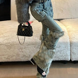 KYLETHOMASW  -  Retro Design Jeans Spliced Furry Women 2024 Autumn Winter New Niche Slim Pocket Straight Trousers