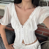 KYLETHOMASW  -  Sweet White Embroidery Hollow Out Hole Splice Lace Elastic U Collar Short Sleeve Shirt Women Center Buttons Slim Crop Tops