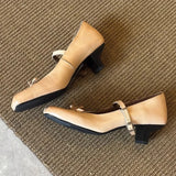 KYLETHOMASW  -  Pleated Square Toe Chunky Heel Mary Jane Shoes Women Bowknot Design Elegant Designer Heels for Ladies Comfort Buckle Party Shoes