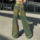 Kylethomasw  Grunge Fairycore Cargo Pants Denim Y2K Aesthetic Chic Dragon Embroidery Women Jeans Baggy Distressed Chic Trousers