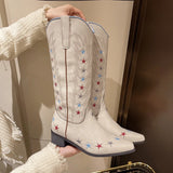 KYLETHOMASW  -  Spring New Retro Star Boots Embroidered Pointed Western Cowboy Cowgirl Boots Women's Thick Heel High Boots Oldgringoboots