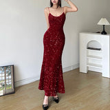 KYLETHOMASW  -  Sexy Sequined Velvet Mermaid Long Dress Party Evening Clubwear Korean Style Elegant V-neck Sleeveless Maxi Dresses New