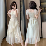 Kylethomasw  Summer French Elegant Women Midi Dresses 2024 New Vintage Folds Solid Ruffle Party Robe Fairycore Neck Mounted Fashion Lady Maxi