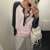 KYLETHOMASW  -  Korean Autumn Versatile Loose Pullover Top Niche Fashion Contrasting Long Sleeved Knitted Top Casual Button Decoration Loose Top