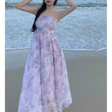 KYLETHOMASW  -  Women Summer Floral Print Sexy Off Shoulder Backless Elegant Party Dresses High Waist Lace-up Sleeveless Slim Beach Maxi Dress