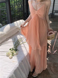 KYLETHOMASW  -  Pleated Maxi Dress for Women Spaghetti Strap Halter Vacation Robe Bohemian Style Summer Fashion Birthday Dresses Clothes