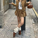 KYLETHOMASW  -  Retro Lacing Up Bow Elastic Waist Suede Faux Leather Mini Cake Skirt Women Ball Gown Swing Skater Party Femme Camel Black