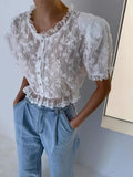 KYLETHOMASW  -  Retro Style Three-dimensional Lace Short Shirt Women Summer New Design Niche Bubble Sleeve Elegant Top