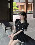 KYLETHOMASW  -  Socialite High end Black Two Piece Set Women Outfits Summer Short Slim Lace Bubble Sleeve Top High Waist Pleated Skir