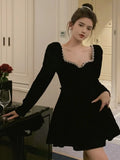 KYLETHOMASW  -  French Vintage Velvet Evening Robe for Women Autumn Diamonds Long Sleeve High Waist Mini Dresses Birthday Party Prom Clothing