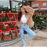 KYLETHOMASW  -  Casual Lamb's Wool Patchwork Women Coat Print 3d Flower Pocket Long Sleeve Zippers Female Jacket 2025 Autumn Winter Lady Outwear