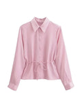 Kylethomasw  Spring Elegant Pink Turn-Down Collar Blouse for Woman Casual Long Sleeves Lace-Up Female Chic Single Breasted Shirt Top