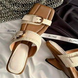 KYLETHOMASW  -  Women's Square Toed Slippers Open Toe Vintage Belt Buckle Sandals Wedges High-heeled Designer Flip-flops