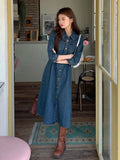 KYLETHOMASW  -  Autumn Spring New Design Vintage High-Waisted Long Denim Dress Women Single Breasted Slim Waist Pleated Mid-Length Dresses