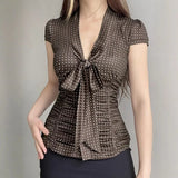 KYLETHOMASW  -  American style light mature V-neck lace up pleated slim fit shoulder T-shirt new polka dot short sleeved top