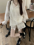 KYLETHOMASW  -  White Women Suits Hollow Out Flare Full Sleeve Blouses Summer Office Wear Sweet Casual New OL Wide Leg Loose Shorts