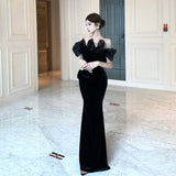 KYLETHOMASW  -  Spring French High-end Chic Elegant Evening Gown Women's Off-the-shoulder Velvet Backless Slim Dress Fashion Designed Ball Gown