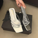 KYLETHOMASW  -  Fashion Shallow Women Thin Heel Slippers Slides Square Toe Ladies Medium Heel Slippers Sandals Shoes Female Flip flops Pumps