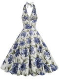 KYLETHOMASW  -  New Sexy Floral Print 1950 60s Party Vintage Women High Waist Dresses Halter Neck Evening Wear Hepburn Summer Cotton Dress