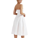 KYLETHOMASW  -  Sexy White Slash Collar Backless Midi Long Strapless Dress Women Pleated Folded Low Waist Pleated Ruched Hem Swing Party Robe