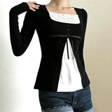 KYLETHOMASW  -  French Sweet Patchwork Contrast Color Fake Two Piece Slim Square Collar Long Sleeve Slim T-Shirts