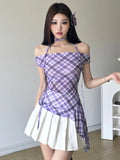 KYLETHOMASW  -  Y2k Aesthetic Vintage Sleeveless Plaid Blouse Women Summer Casual Sexy Lace-up Shirts Japanese Sweet Streetwear Irregular Tees