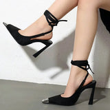 Kylethomasw Metal Decorative Sexy Pointed Toe High Heels Women Ankle Strap Suede Women Pumps Summer Elegant Heeled Sandals Tacones Mujer