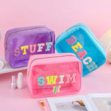 Kylethomasw Women Large Capacity Waterproof Chenille Patches Clear PVC SWIM STUFF Makeup Bag Cosmetic Zipper Pouch Beach Travel Toiletry