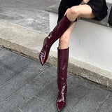 KYLETHOMASW  -  Burgundy Patent Leather High-Top Long Boots For Women Wine Red Pointed Toe Slip On Botas Largas De Mujer Kitten Low Heels Mature