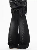 KYLETHOMASW  -  Women's Washed Blue High-Waist Metal Grommet Wide Leg Jeans Casual Loose Fit Streetwear Pants Casual Trousers