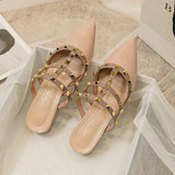 Kylethomasw Rivet Pointed Toe Mule Slippers Women Low Heel Fashion Brand Design Sandals Female Size 35-43 Red Sexy Studded Sandals Women