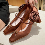 KYLETHOMASW  -  Elegant Satin Flower Chunky Heel Dress Pumps Women Metal Bow Square Toe Design Mary Jane Shoe Ladies Luxury Wedding Bridal Heels
