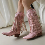 KYLETHOMASW  -  Women Fringe Western Boots Pink Sweet Embroidered Boots Brown Tassels Block Medium Heels Shoes Plus Size 48 Lady Winter