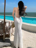 KYLETHOMASW  -  French Summer White Lace Sexy Club Slip Long Dress Women Yellow Backless Pleated Wrap Hip Fishtail Evening Dress 2025 Simplicity