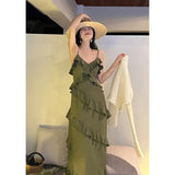 Kylethomasw Spring New Ruffle Suspender Dress Korean Design Feeling Slit Slim Long Skirt  Dress for Women   Evening Dresses