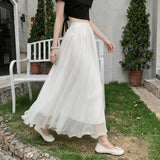 KYLETHOMASW  -  Mesh Skirts Women A-line Spring Summer Solid Sweet Versatile Long Skirt Korean Fashion High Waist Elegant Retro Faldas Mujer