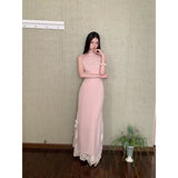 KYLETHOMASW  -  New Chinese Style Stand Collar Cheongsam Lace Pink Dress Slim Waist Long Skirt