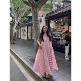 KYLETHOMASW  -  Pink Checkered Sleeveless Dress Women Summer 2025 New Vacation Style Cinched Waist Slimming Round Neck Vest Dresses
