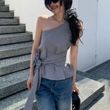 KYLETHOMASW  -  Korea Chic Moda Irregular Skew Collar Vest Plaid Lace Up Off Shoulder Sling Camis New Elegant Ball Gown Slim Waist Tees